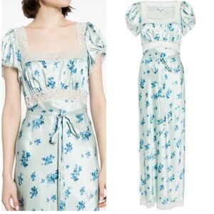 Reformation Blue Ruched Tie Front Maxi Dress